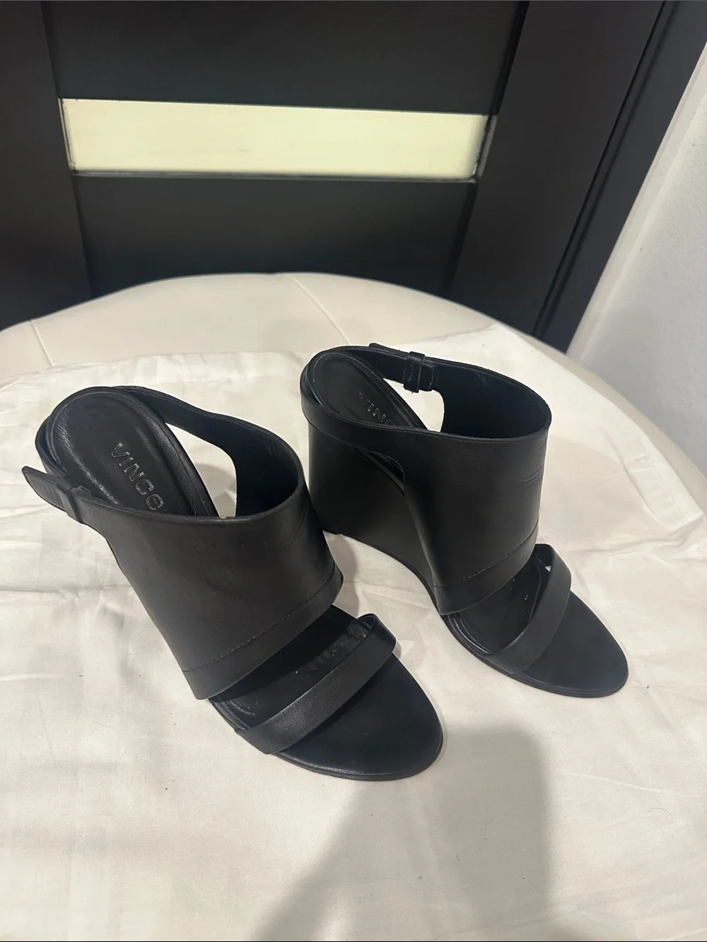 Vince Black Leather Wedge Sandals with Slingback